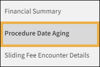 Reporting menu with a yellow highlight box around Procedure Date Aging report.